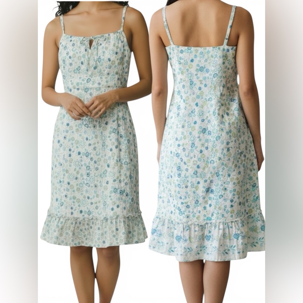 Ann Taylor Light Blue and Green Floral Midi Dress with Ruffle HemSZ/6 100% Cotto